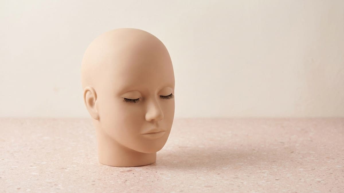 Tête de mannequin beige mat aux yeux fermés, garnie d'une rangée de cils noirs sur chaque paupière