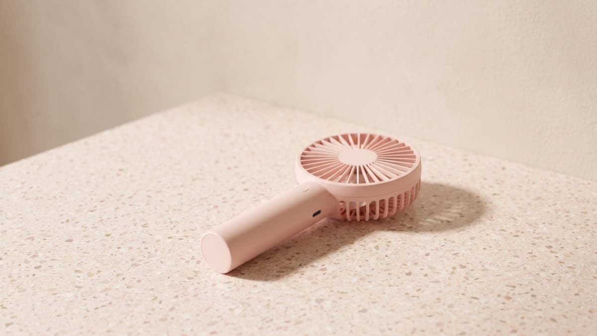 Mini-ventilateur portatif rose pastel à tête ronde et poignée courte