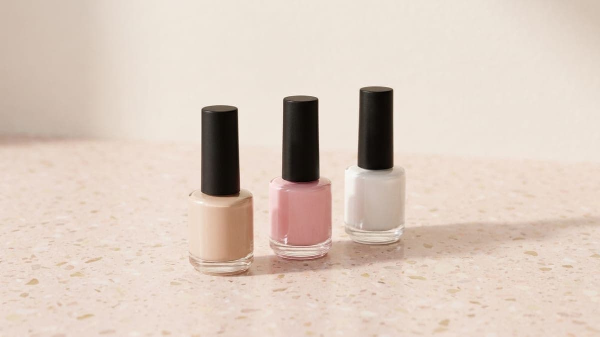 Trois flacons de vernis semi-permanent nude, rose pâle et blanc laiteux