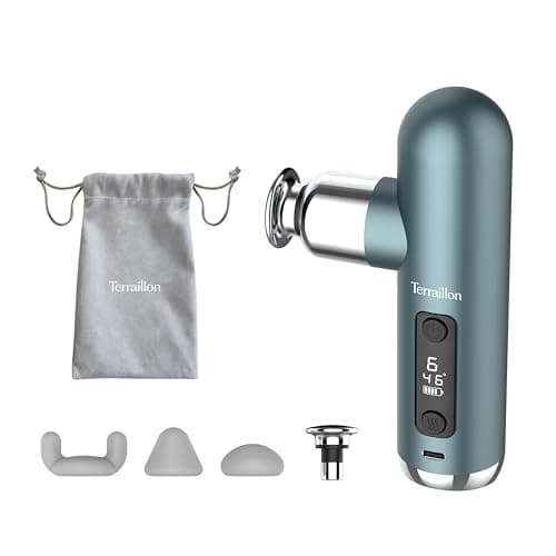 Mini pistolet de massage Terraillon vert canard en forme de tube, tête plate argentée, avec sa pochette grise et trois embouts en silicone