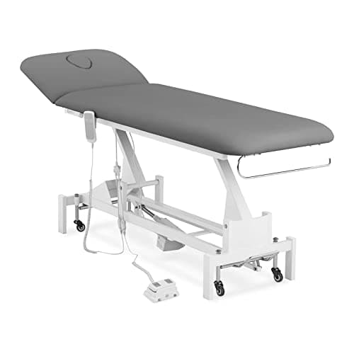 Table de massage électrique Physa Lille grise et blanche, piétement en acier sur roulettes, dossier et têtière inclinables