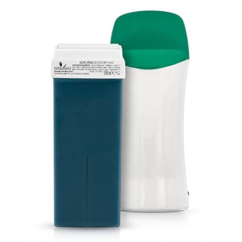 Kit Dermawax : chauffe-cire roll-on blanc à capuchon vert et cartouche de cire bleu-vert de 100 ml