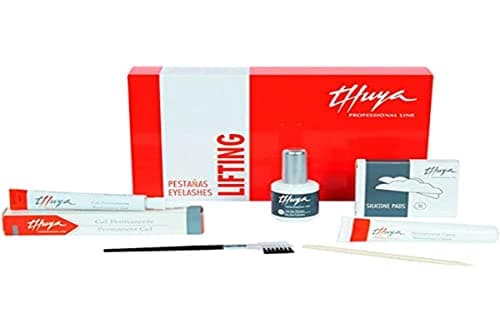 Kit Thuya Lifting dans sa boîte rouge : tubes de gel et de neutralisant, flacon de colle, boîte de pads en silicone et petite brosse
