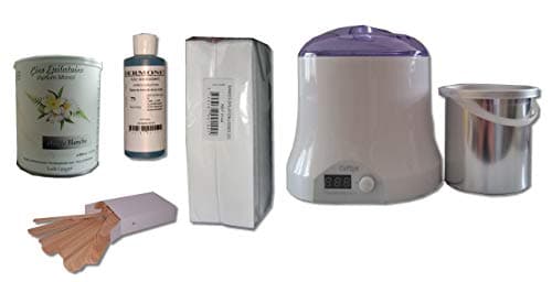 Kit Storepil Cid Epil : chauffe-pot gris à écran avec sa cassolette en métal, pot de cire, flacon d'huile, bandes et spatules en bois