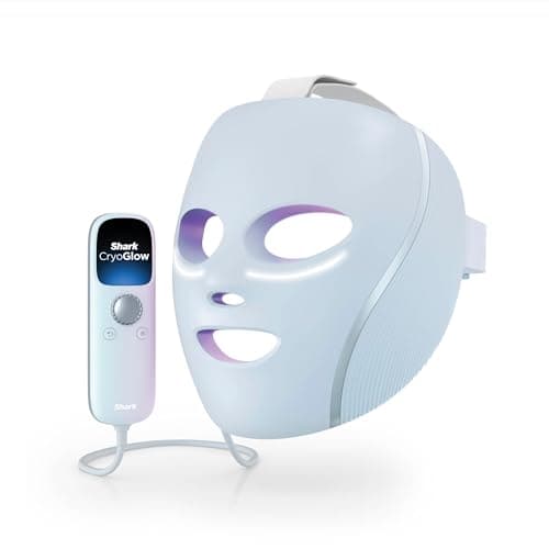 Masque LED Shark CryoGlow bleu à coque rigide, ouvert aux yeux, au nez et à la bouche, avec sa télécommande à écran