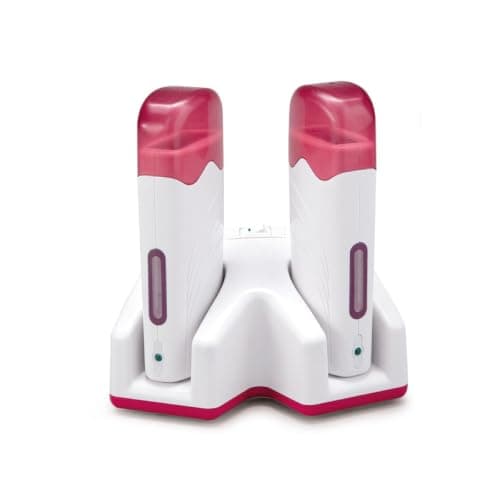 Socle chauffant Ditac Duo avec deux poignées roll-on posées dessus, cartouches de cire à tête à rouleau en place