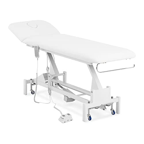 Table de massage électrique Physa Lille blanche à deux plans, têtière relevée avec trou visage, télécommande filaire et pédale de commande posée au sol