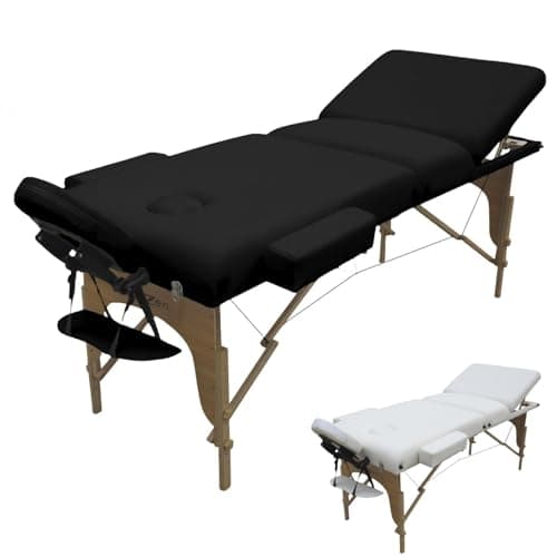 Table de massage pliante Vivezen en hêtre, trois zones, dossier relevable, têtière et accoudoirs montés