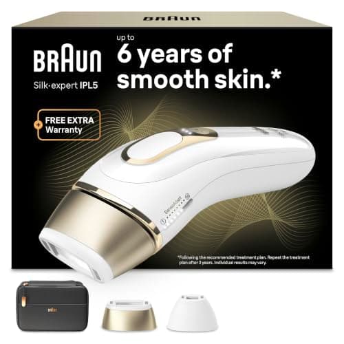 Épilateur à lumière pulsée Braun Silk·expert Pro 5 blanc et doré, tête de précision et pochette de rangement