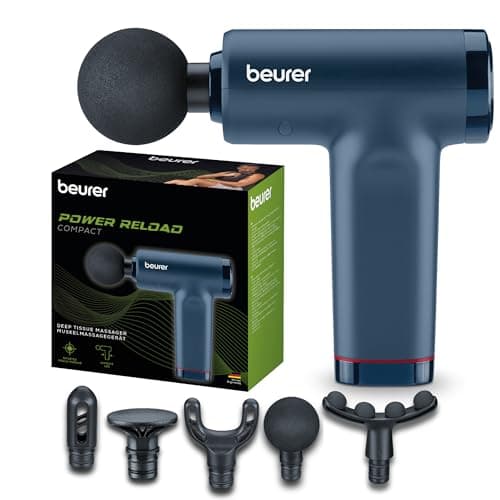 Pistolet de massage Beurer PowerReload bleu marine, embout boule noir, avec sa boîte et ses cinq embouts