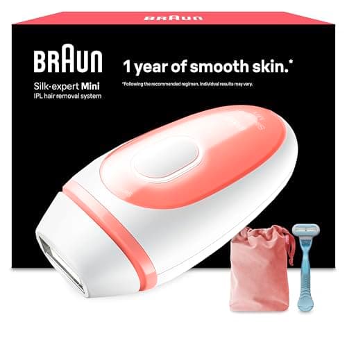 Petit épilateur à lumière pulsée Braun Silk·expert Mini blanc et rose, avec sa pochette de voyage