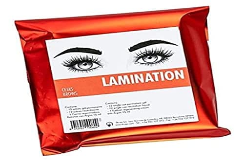 Pochette rouge métallisée Thuya « Lamination » ornée d'un dessin d'yeux et de sourcils, kit de lamination des sourcils en monodoses