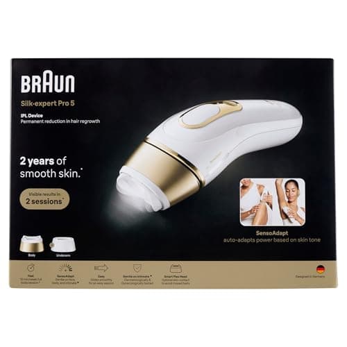 Épilateur à lumière pulsée Braun Silk·expert Pro 5 de nouvelle génération, blanc et doré, avec tête flexible et tête standard