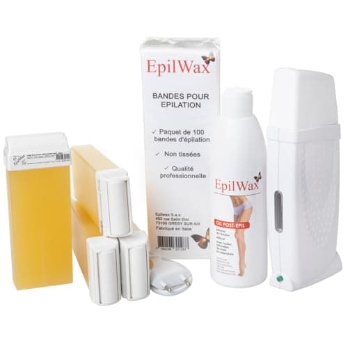 Kit EpilWax : chauffe-cire roll-on blanc, cartouches de cire jaune miel, paquet de 100 bandes et flacon d'huile après épilation