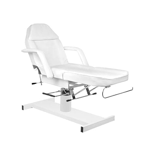 Fauteuil de soin hydraulique PLUS SANTE Ment blanc à trois plans, dossier relevé, accoudoirs, pédale de pompe chromée au pied d'une colonne blanche sur socle plat