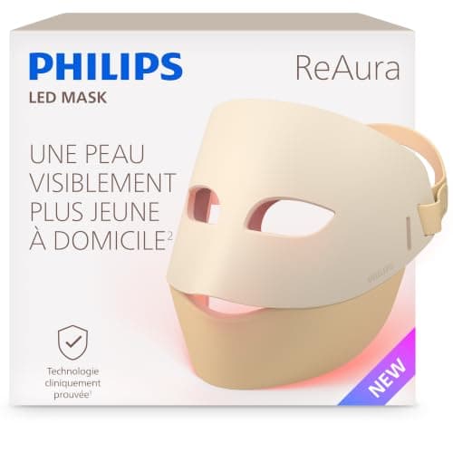 Masque LED Philips ReAura blanc en deux parties, le haut du visage et le bas avec le cou, et sa télécommande