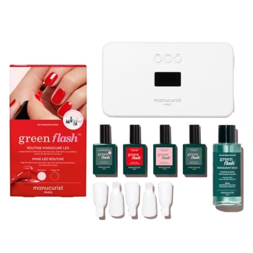 Coffret Manucurist Green Flash avec lampe LED pliable, vernis rouge et rose poudré, base, top et dissolvant