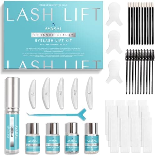 Kit Ayasal Eyelash Lift : boîte turquoise, flacon de colle, quatre petits flacons numérotés, pads S à L et brosses