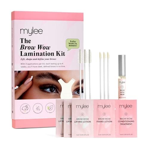 Kit Mylee Brow Wow : boîte rose, sachets roses de lotion de levage, de fixation et de soin, flacon de colle, applicateurs et outil de levage