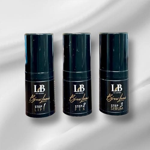 Trois flacons noirs Lash Boutique Brow Lami alignés : Step 1 Lift, Step 2 Fix et Step 3 Serum