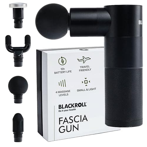 Pistolet de massage BLACKROLL Fascia Gun noir cylindrique, embout boule, avec sa boîte et ses embouts fourche, trigger et plat en métal