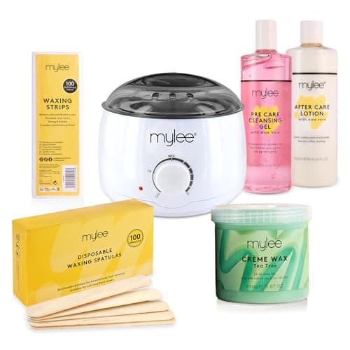 Kit Mylee : chauffe-cire blanc, pot de cire crème verte à l'arbre à thé, gel avant et lotion après épilation, bandes et spatules
