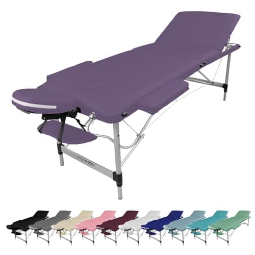 Table de massage pliante Vivezen en aluminium, trois zones, similicuir violet, têtière et accoudoirs montés