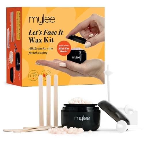 Kit Mylee Let's Face It : boîte orange, mini chauffe-cire noir rempli de perles claires, fines spatules en bois et applicateurs