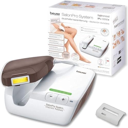Épilateur à lumière pulsée Beurer IPL 10000+ blanc, relié à son socle par un câble, avec son accessoire de précision