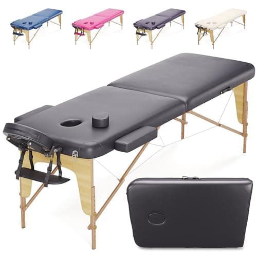 Table de massage pliante BELTOM noire en bois, deux zones, têtière et accoudoirs montés, panneau reiki en bout de table