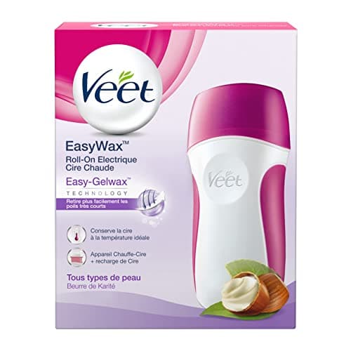 Chauffe-cire roll-on électrique Veet EasyWax violet et blanc, avec sa recharge de cire à tête à rouleau et son câble