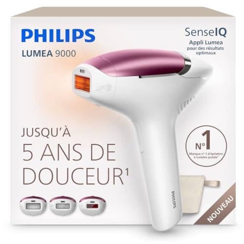 Épilateur à lumière pulsée Philips Lumea 9000 de 2026, blanc, avec ses embouts corps, visage et précision