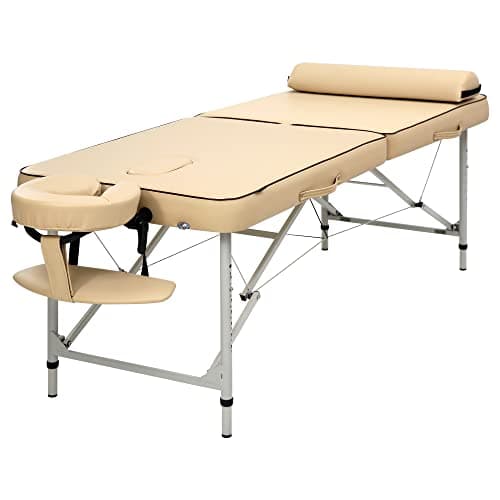 Table de massage pliante Master Massage Breeze couleur crème, pieds en aluminium, têtière réglable montée en bout de table