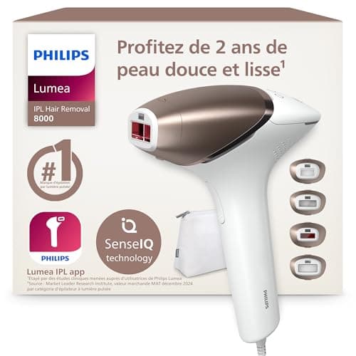 Épilateur à lumière pulsée Philips Lumea série 8000 blanc et cuivre, avec ses quatre embouts pour le corps, le visage, le maillot et les aisselles
