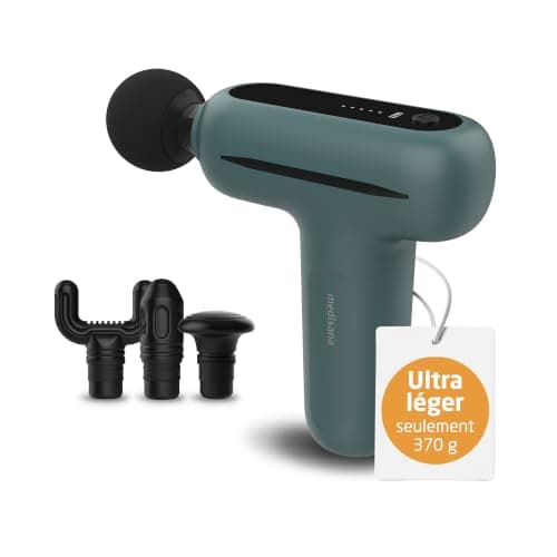 Mini pistolet de massage medisana MG 200 vert de gris, embout boule noir, avec ses trois autres embouts
