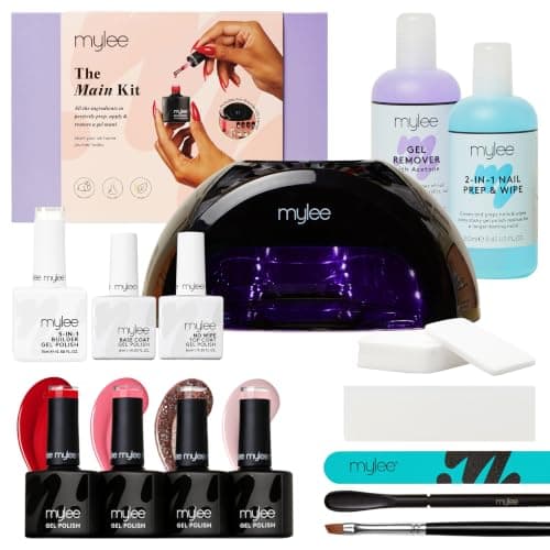 Coffret Mylee avec grande lampe LED blanche, quatre vernis gel, base, top, gel de renfort, dissolvant et outils de manucure