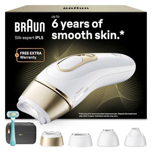 Épilateur à lumière pulsée Braun Silk·expert Pro 5 PL5431 blanc et doré, avec ses quatre têtes, son rasoir Venus et sa pochette