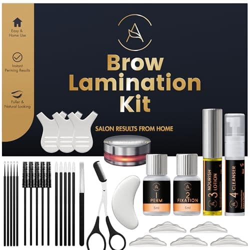 Kit AURAE Brow Lamination : boîte noire et dorée, flacons numérotés Perm, Fixation, Nourish Lotion et Cleanser, baume de fixation, protections en silicone, ciseaux et brosses