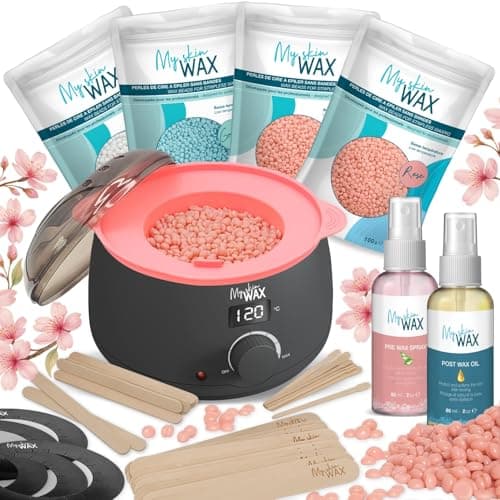 Kit My Skin WAX : chauffe-cire noir à écran avec bol en silicone rose rempli de perles, quatre sachets de perles, deux flacons et des spatules en bois