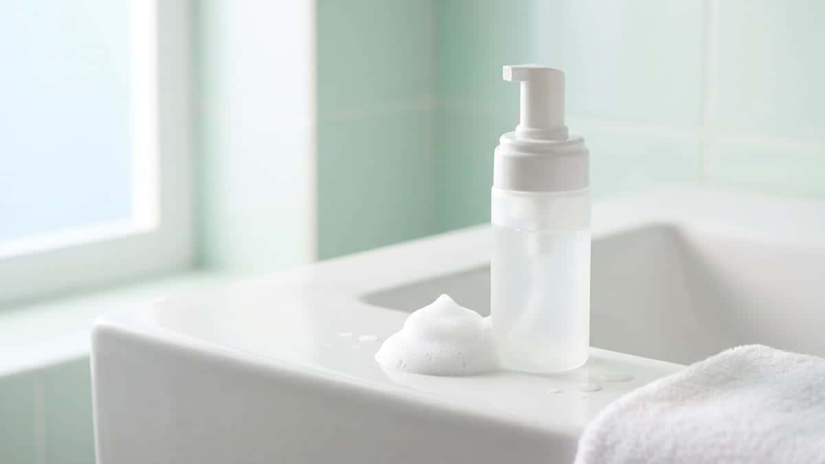 Flacon pompe blanc sans étiquette sur le rebord d'un lavabo, à côté d'un petit tas de mousse nettoyante et d'une serviette blanche
