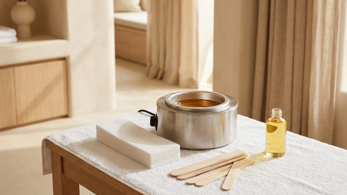 Chauffe-cire, pot de cire, bandes non tissées et spatules en bois posés sur une table de soin