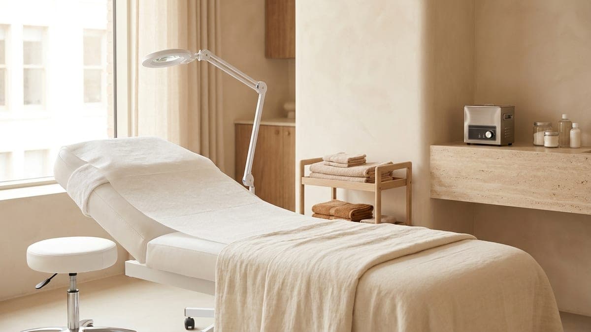 Cabine d'institut vide : table de soin recouverte d'un drap, tabouret à roulettes, lampe loupe sur bras articulé et desserte chargée de serviettes pliées