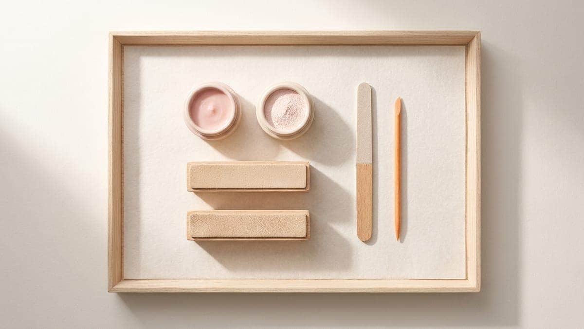 Matériel de manucure japonaise sur un papier washi dans un plateau en bois clair : un pot de pâte rose, un pot de poudre rose, deux polissoirs gainés de daim, une lime et un bâtonnet de buis