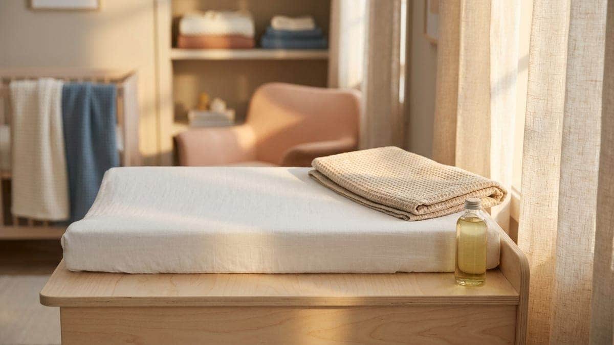 Matelas à langer couvert d'un lange de coton blanc sur une commode en bouleau, une serviette nid d'abeille pliée et un petit flacon d'huile dorée sans étiquette, dans la lumière de fin d'après-midi d'une chambre de bébé