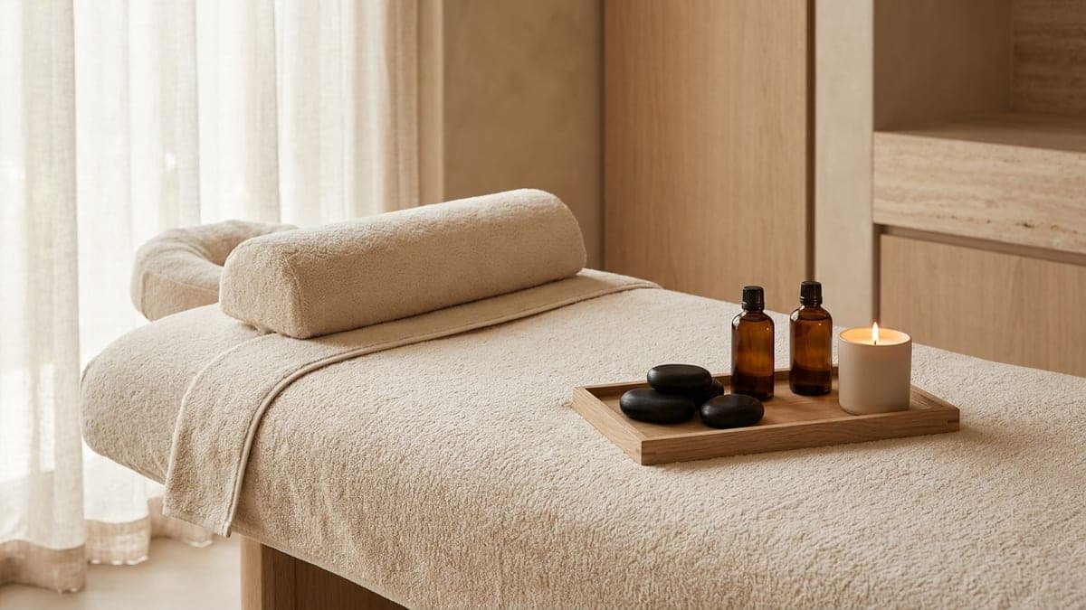 Table de massage garnie d'une housse éponge, flacons d'huile, pierres de basalte et bougie dans une cabine tamisée