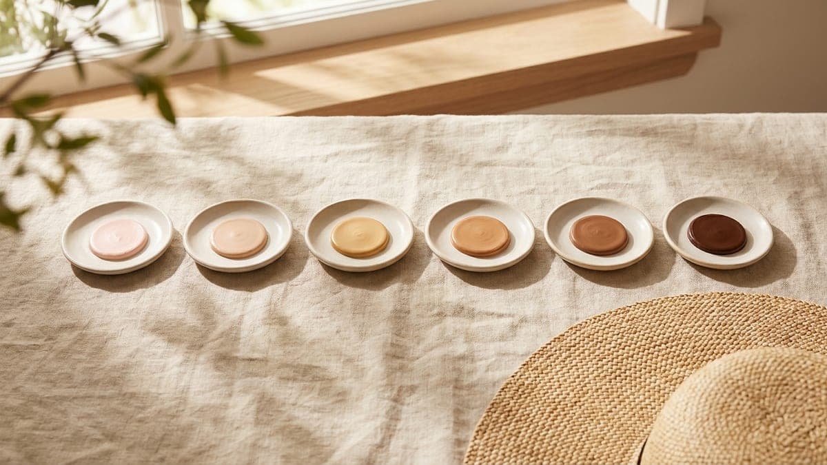 Six coupelles de céramique alignées sur une nappe en lin, chacune garnie d'une noisette de baume teinté, de l'ivoire rosé au brun très foncé, à côté d'un chapeau de paille