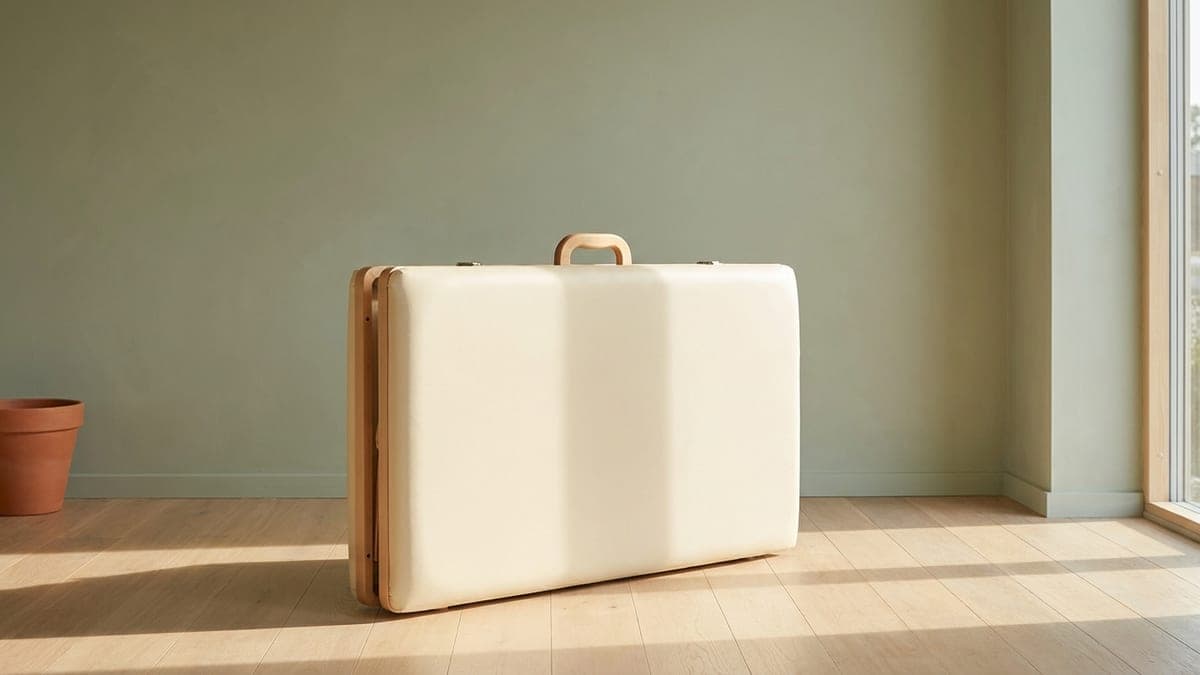 Table de massage pliante refermée en valise, posée debout sur un parquet clair devant un mur vert sauge, poignée de transport sur le dessus