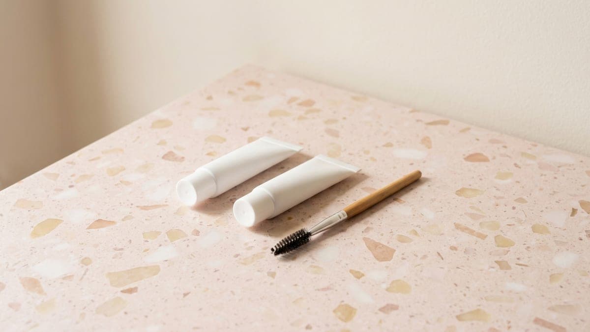 Deux petits tubes blancs sans étiquette et une brosse à sourcils, posés côte à côte