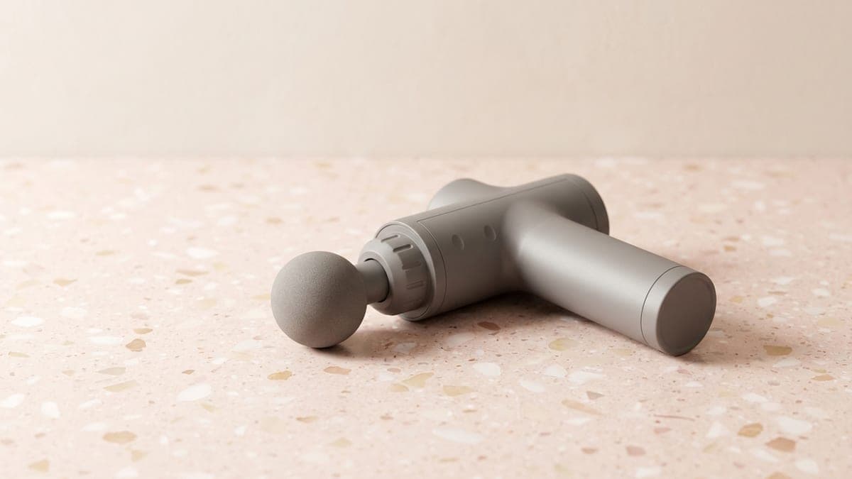 Pistolet de massage gris mat couché sur le flanc, embout rond en mousse, sur un plan de travail en terrazzo rose pâle
