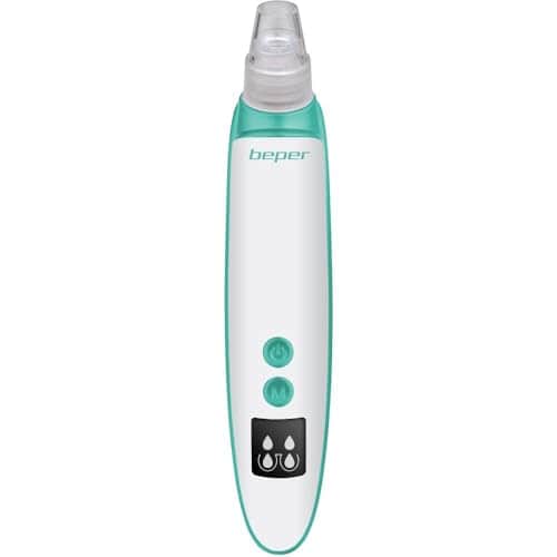 Aspirateur de pores BEPER blanc et vert d'eau, fin comme un stylo, avec embout transparent et petit écran à deux boutons